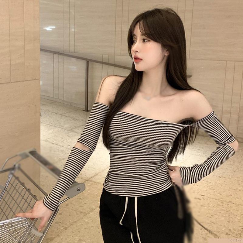 Áo thun tay dài trễ vai họa tiết kẻ sọc màu sắc thời trang quyến rũ tùy chọn kích thước cho nữ