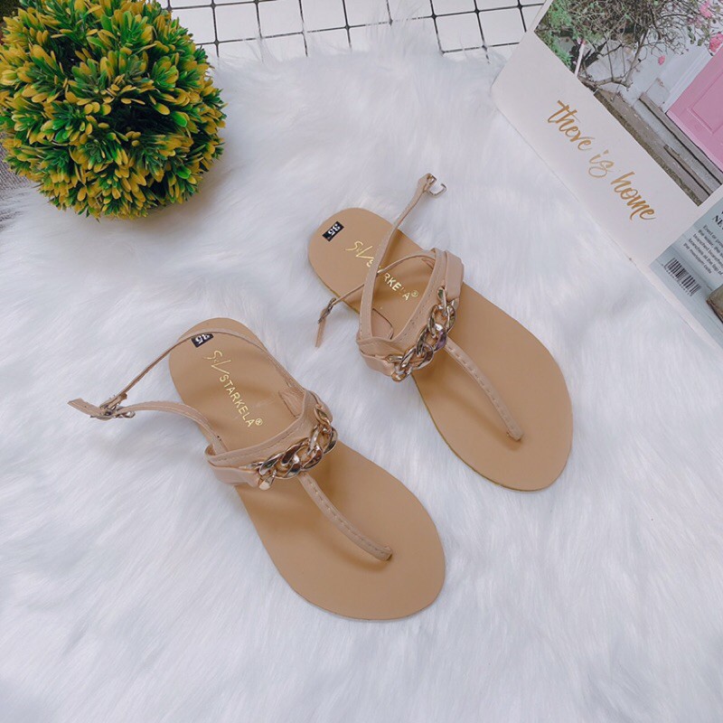 [Freeship đơn 50k] Dép sandal nữ đi biển xỏ ngón tag xích vàng hot hit