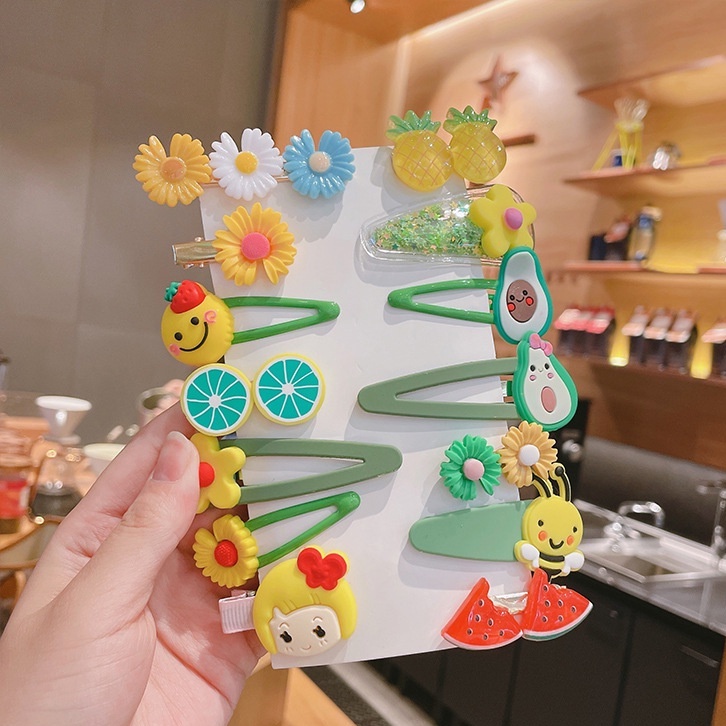 Set 14 Kẹp Tóc Họa Tiết Trái Cây 3D Hoạt Hình Ba Chiều Không Cần Xóa Phù Hợp Cho Mọi Ngày Cho Bé Gái