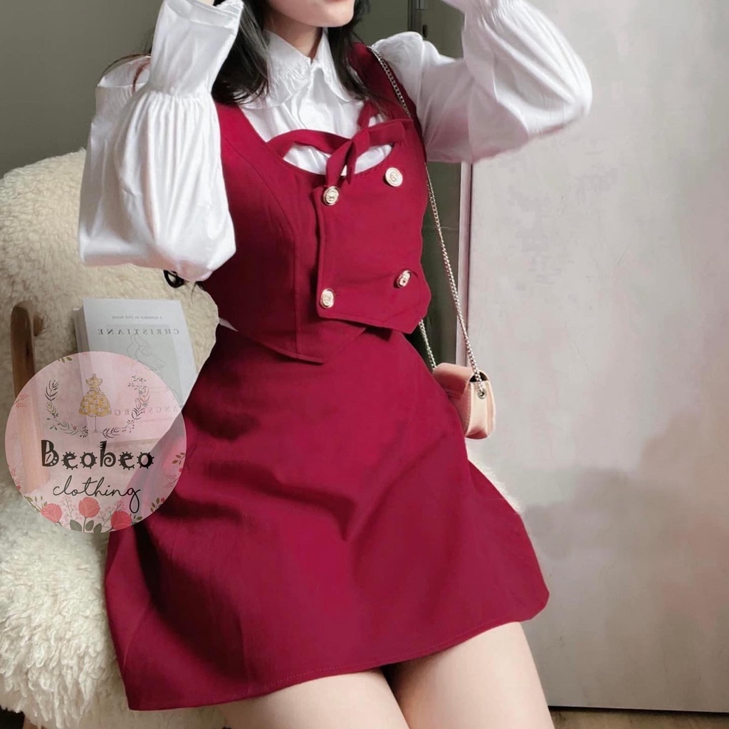 Set áo sơ mi tay phồng phối áo gile nút kèm chân váy chữ A