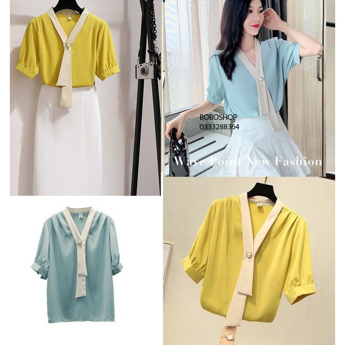 Áo sơ nữ ❣️FREESHIP❣️ÁO KIỂU PHỐI MÀU HANA hellen Phom dáng ao chuẩn đẹp