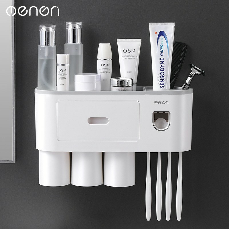 Giá treo bàn chải nhà tắm OENON có nhả kem đánh răng tự động kèm cốc và miếng dán tường