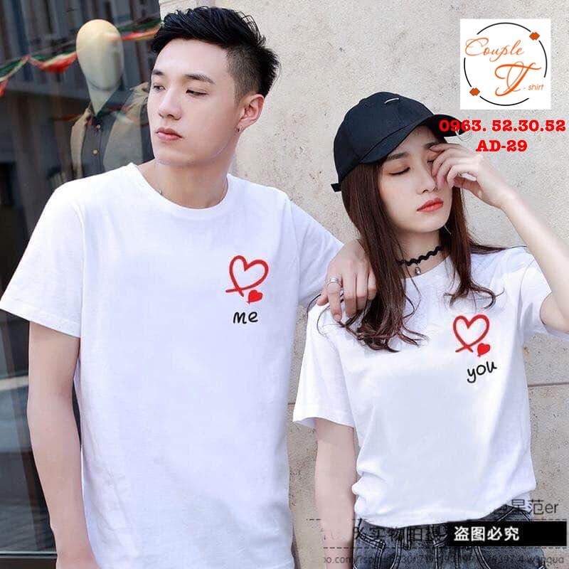 Áo Đôi Áo Cặp Nam Nữ In Hình Trái Tim You Me Màu Trắng Mã AD29