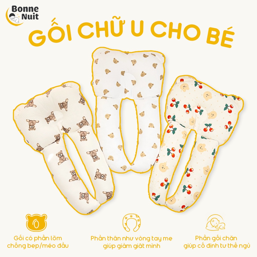 Gối ôm đa năng cho bé  Gối chữ U Bonne Nuit chất liệu xô Muslin cao cấp