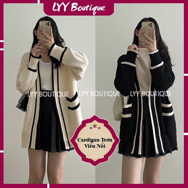 Áo cardigan len trơn viền nổi không cúc 2 túi trước 2 màu đen trắng LYY BOUTIQUE