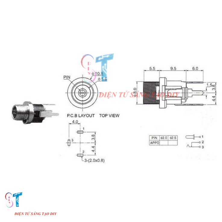 Jack Cắm Nguồn Cái DC Kim Loại 5.5x2.1mm 3 Chân Đầu Ren DC-021