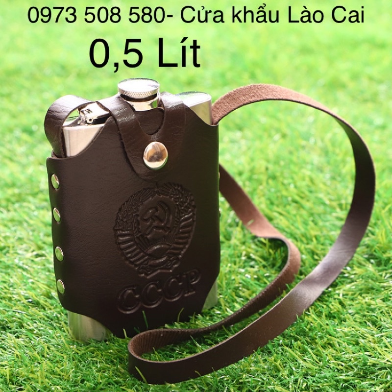 Bình tông 0,5Lít hàng dày 0,6mm Inox 304 Cccp tặng bao da như hình