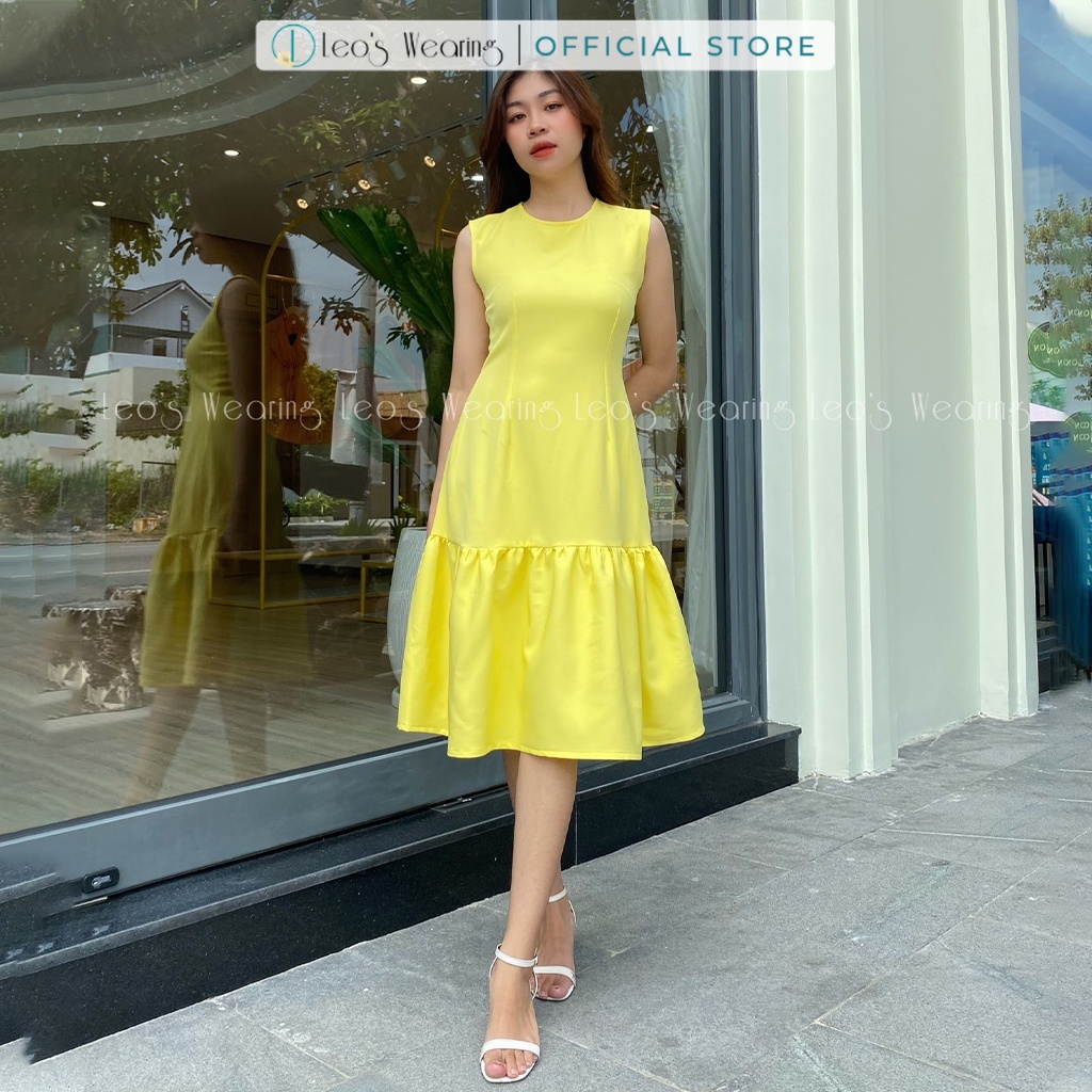 Váy liền đuôi xòe cổ tròn tay ngắn cột dây sau hở lưng LEOSWEARING Q60