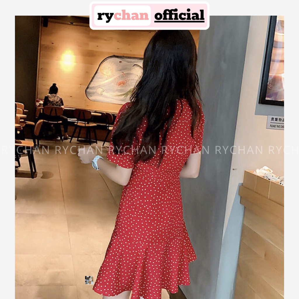 DX186 - Đầm Xòe Bi Đỏ Nút Chéo Đuôi Bèo Cổ V Tay Ngắn Thanh Lịch Thục Nữ