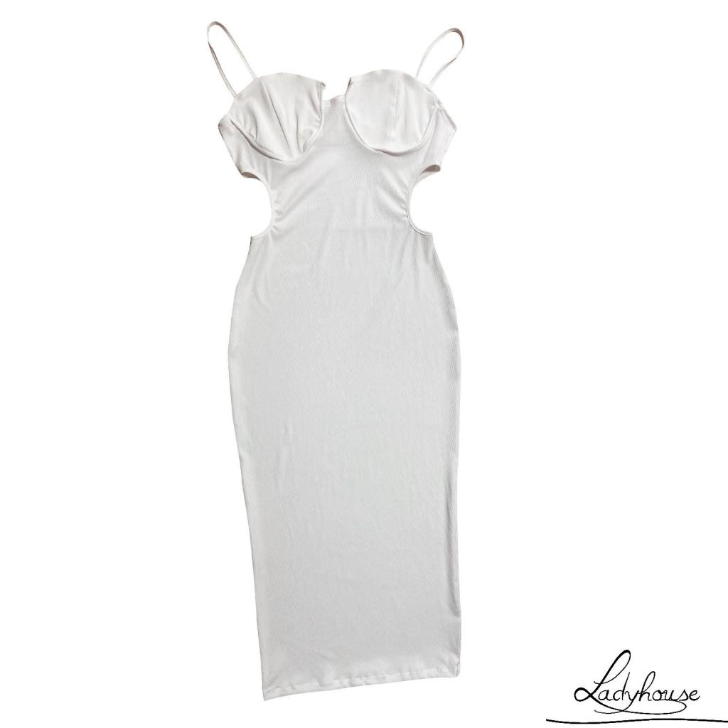 LD-Women Party Dress, Solid Color Hollow-Out Spaghetti Strap Sleeveless Bodycon One-Piece for Ladies, S/M/L