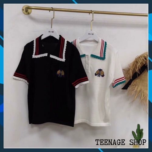Áo len cộc tay cổ polo Hàn Quốc phối viền kẻ thêu hình