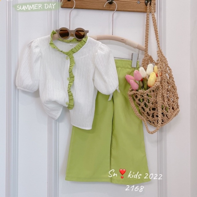 (11-23kg) Set Bộ Quần Áo Thiết Kế Cho Bé Gái Đi Học, Đi Chơi, Bèo Viền Chạy , Quần Ống Loe Thời Thượng