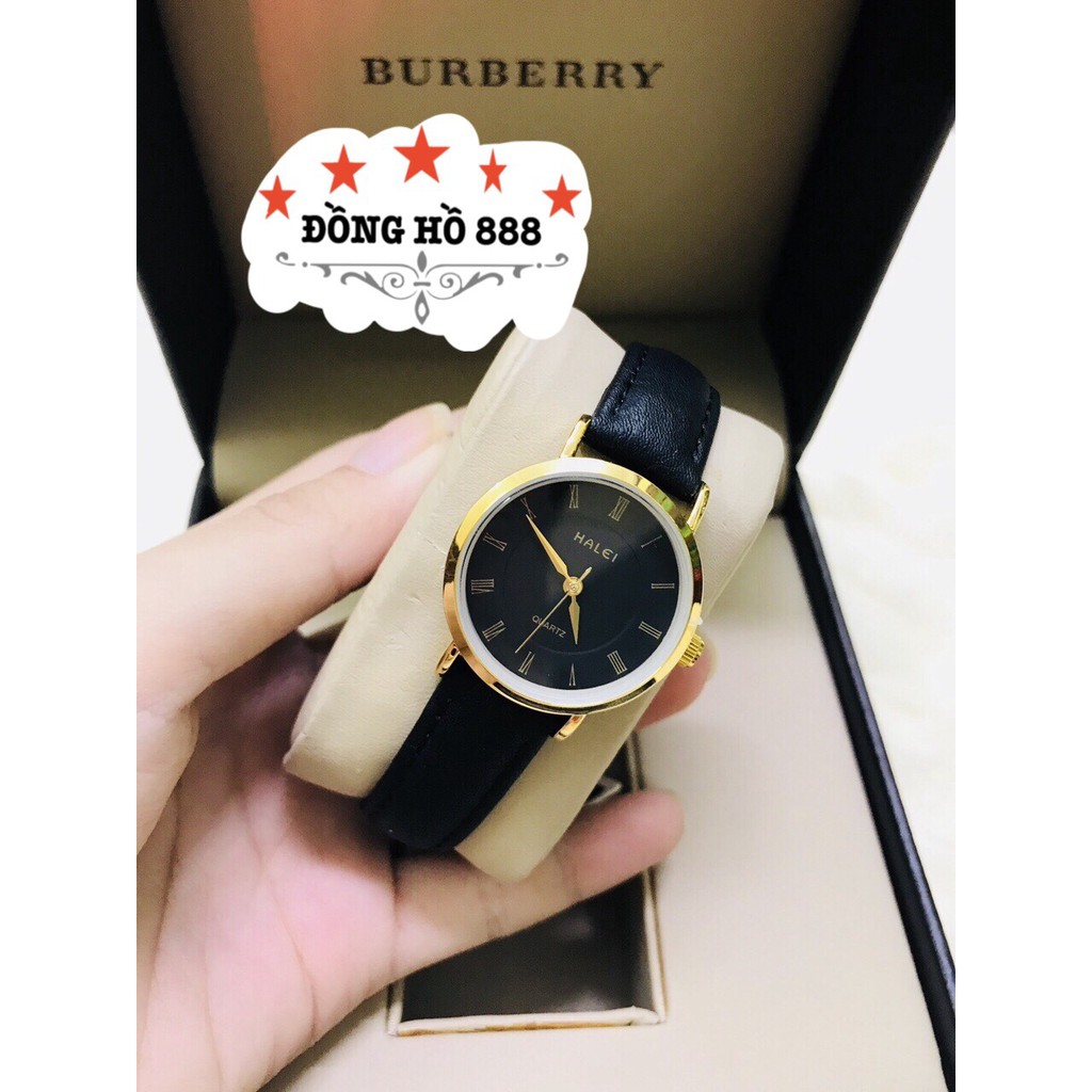 Đồng hồ nữ HALEI dây da đen mặt đen size 28mm kính chống xước, chống nước tuyệt đối giờ số la mã HL540 | BigBuy360 - bigbuy360.vn