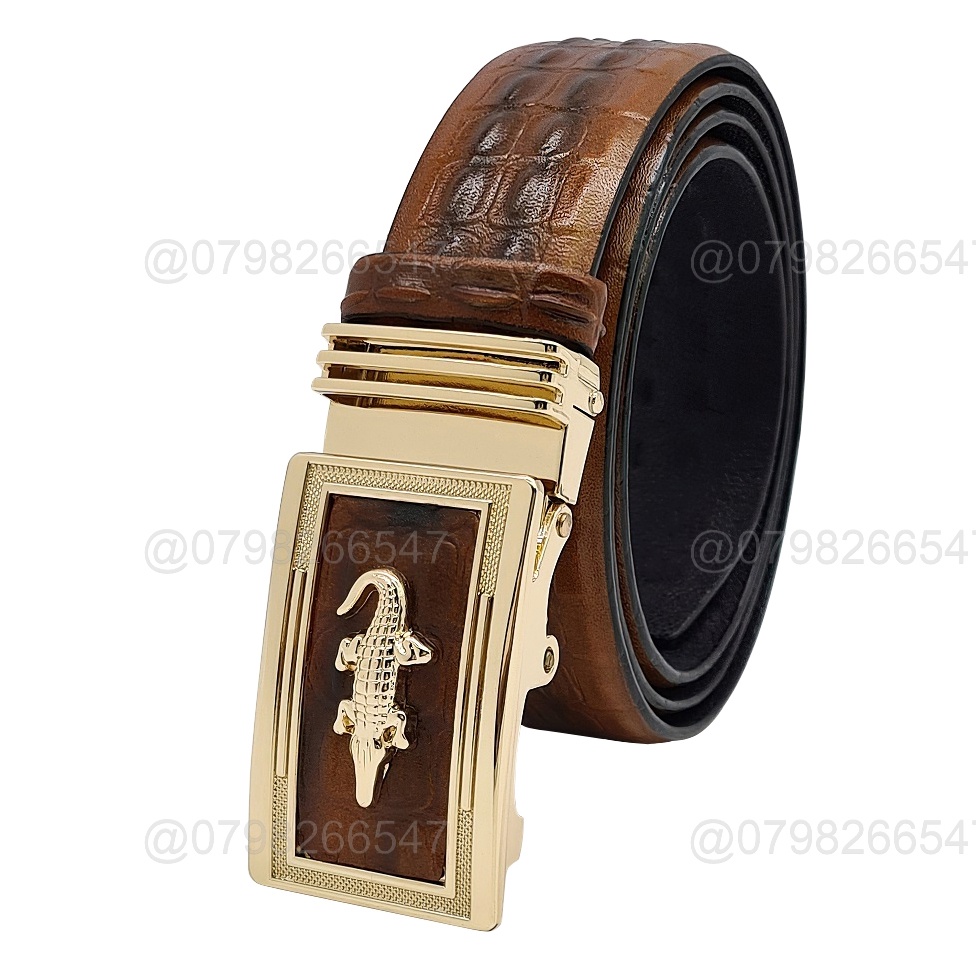 Dây thắt lưng nam da bò dập vân cá sấu DHM-345 | Khoá tỳ in mặt nổi cá sấu vàng | Bảo hành 12 tháng