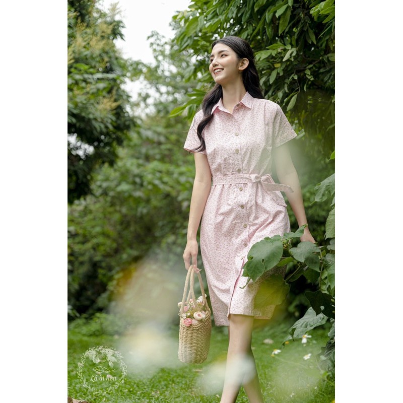 Váy suông A hoa đầm hồng sơmi Lá In Hoa