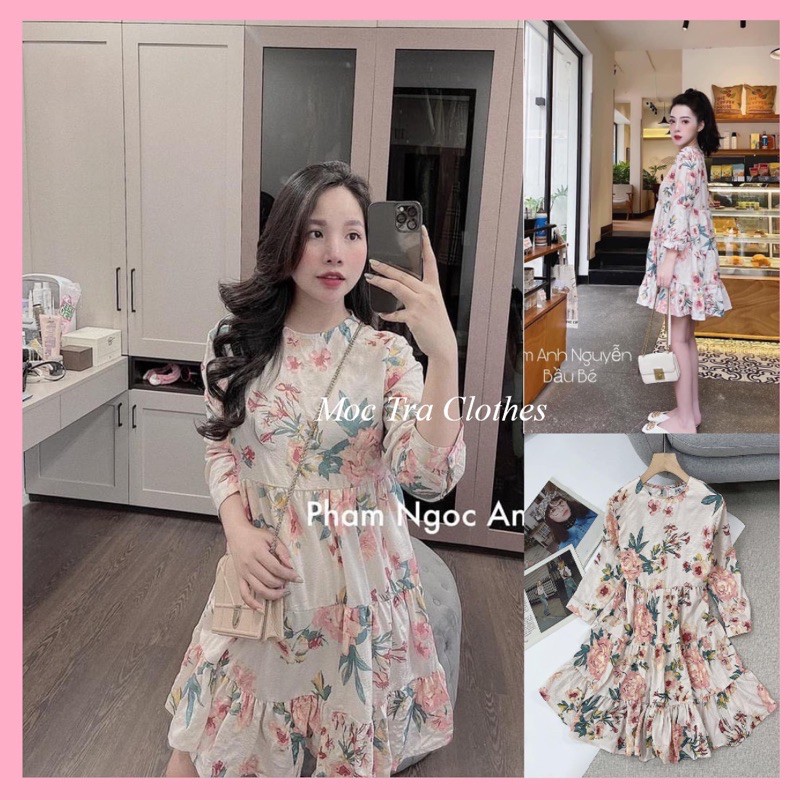 Váy suông hoa babydoll nhún đuôi cá tay dài tiểu thư siêu xinh, Đầm xuông hoa dự tiệc sang trọng lịch sự