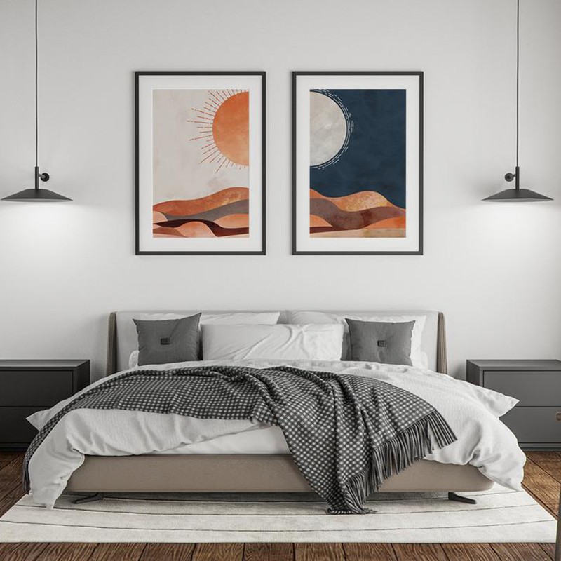 Bộ 2 Tranh Treo Tường Vải Canvas Boho Minimalism Tối Giản Chữa Lành Ngày Và Đêm Mặt Trời và Mặt Trăng Sa Mạc -MELYHOME
