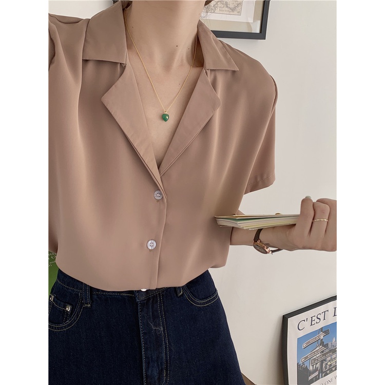 SUXI Áo Sơ Mi Tay Ngắn Cổ Chữ V Màu Sắc Đơn Giản Phong Cách Hàn Quốc Cho Nữ