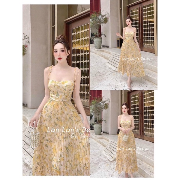 Đầm maxi hoa hai dây dập li đi biển du lịch 3 màu