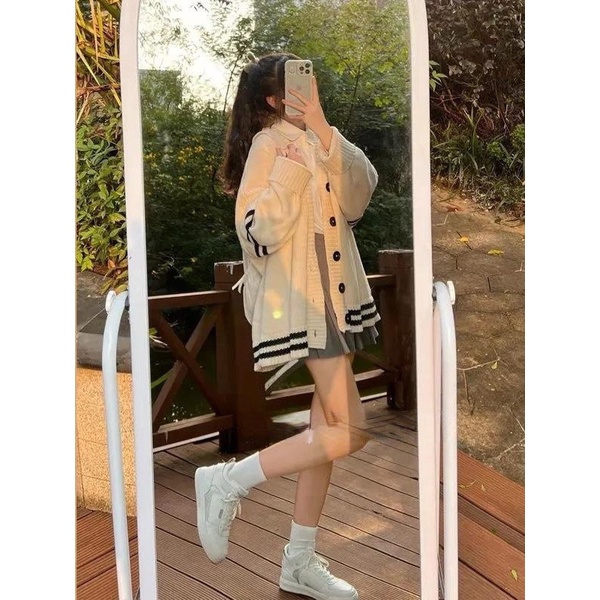 Áo Khoác Cardigan Len Sọc Tay Nữ - Halinh Shop - Cardigan Len Khuy To Hàn Quốc Mặc Thu Đông Size M L
