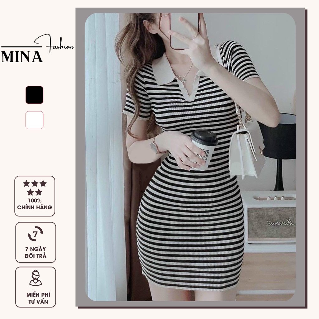 Đầm polo nữ kẻ sọc body tay ngắn suông có cổ thun gân STOREMINA VD04