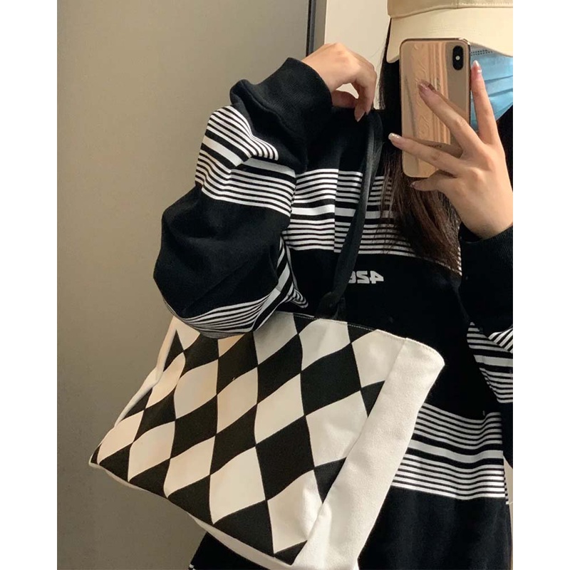 Túi xách canvas sức chứa lớn họa tiết ca rô kim cương phong cách Hàn Quốc hàng mới dành cho nữ