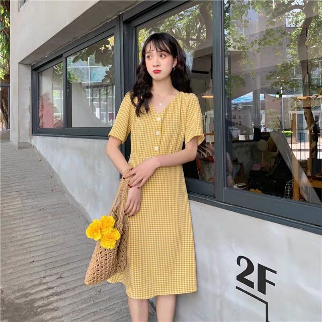 Đầm caro cổ V Quảng Châu (kèm hình thật)