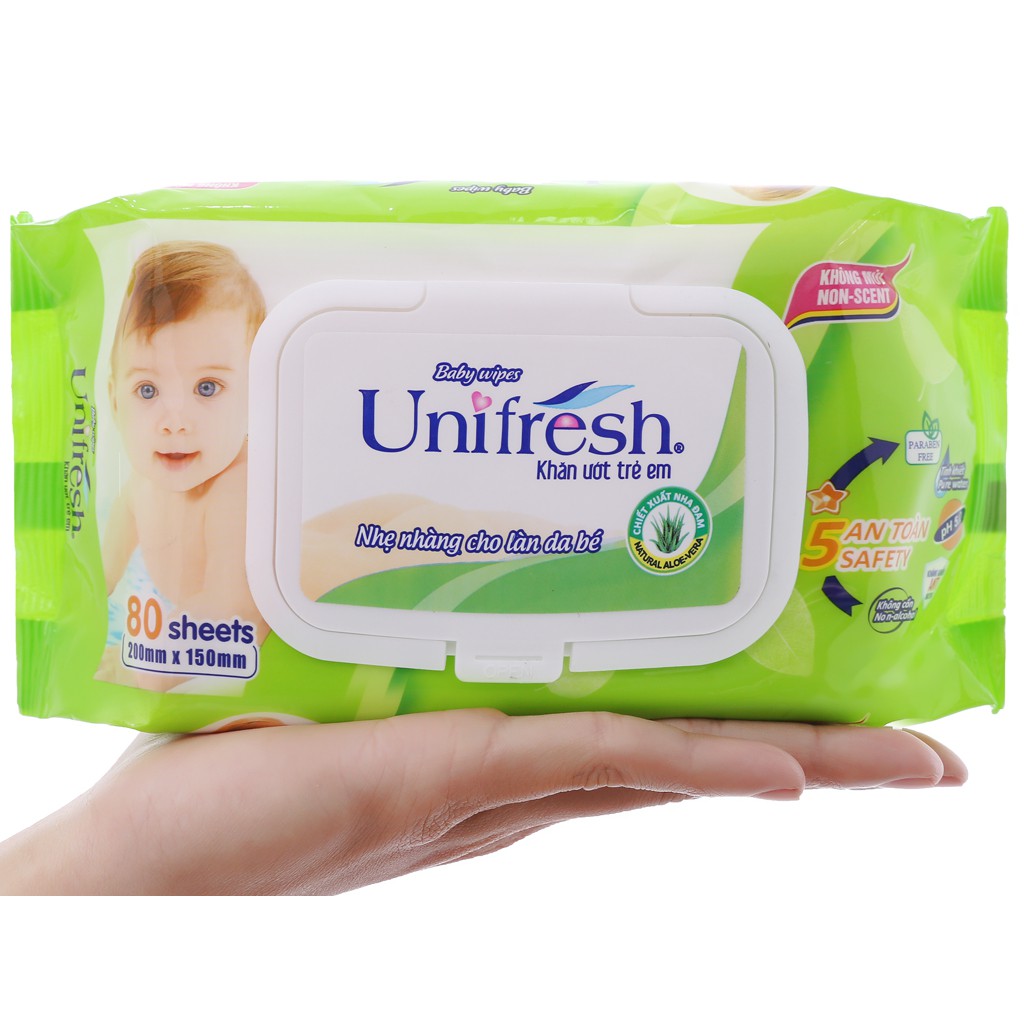 Khăn ướt trẻ em Unifresh không mùi - chiết xuất Nha Đam