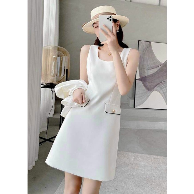 Đầm nữ thời trang mặc đi chơi chất cotton lạnh hai dây phối túi giả kèm khoác cổ tròn tay ngắn cá tính