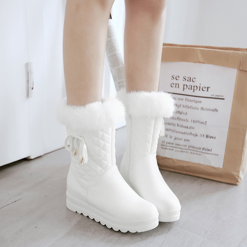 Ielgy Ngón Tròn Nữ Giày Tuyết PU Bên Trong Tăng Cường Chống Trơn Trượt Đế Ấm Dây Kéo Thỏ Tóc Nơ