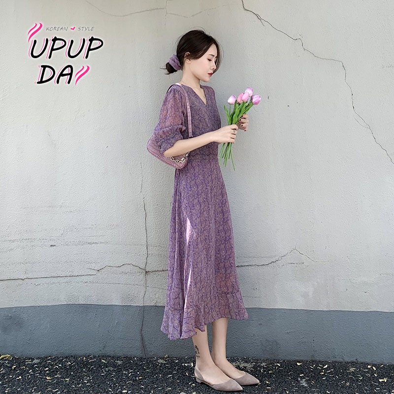 Đầm Chiffon Dài Tay Lửng Cổ Chữ v In Họa Tiết Hoa Tím Phong Cách Hàn Quốc Thời Trang Mùa Hè Cho Nữ S-2XL