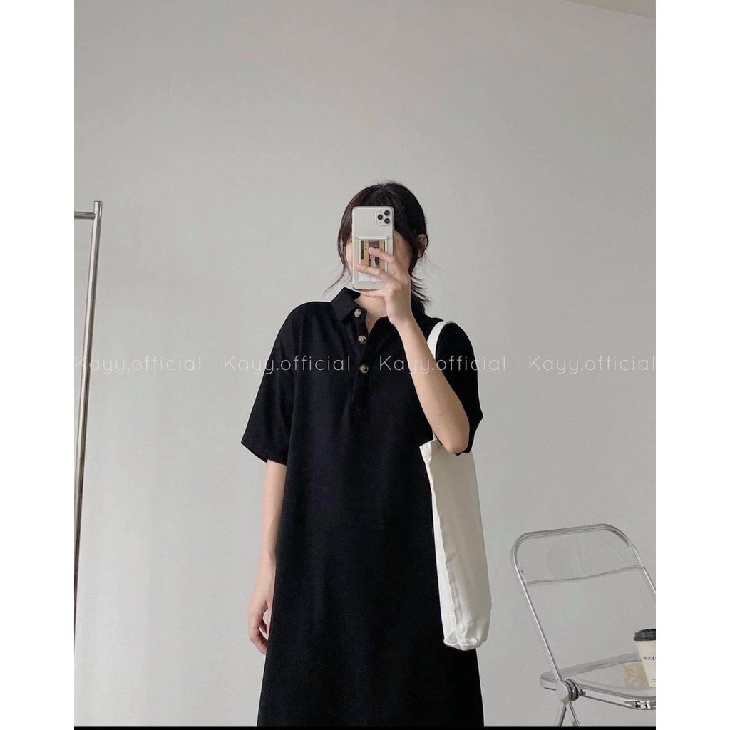 Váy Polo Cộc Tay Khuy Đồng Basic Nữ  - BaoBao.Clothing [FREESHIP] - Đầm midi form rộng dáng dài tay lỡ cổ bẻ màu đen