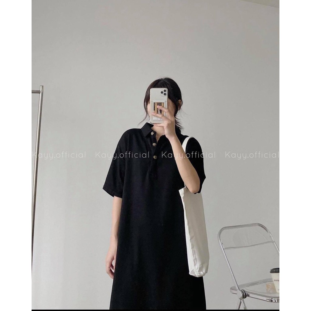 Đầm Midi Polo Dáng Dài Màu Đen Cúc Đồng Vintage - Rere.Store [FREESHIP] - Váy suông trơn tay lỡ cổ bẻ style basic