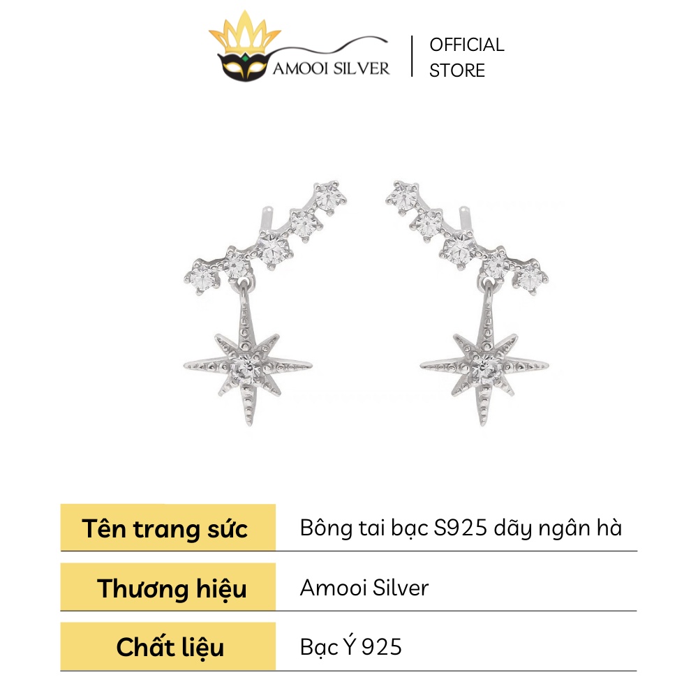 Bông Tai Bạc S925 Dãy Ngân Hà Ngôi Sao Rơi Sáu Cánh Đính Đá Sang Trọng - Amooi Silver AB70