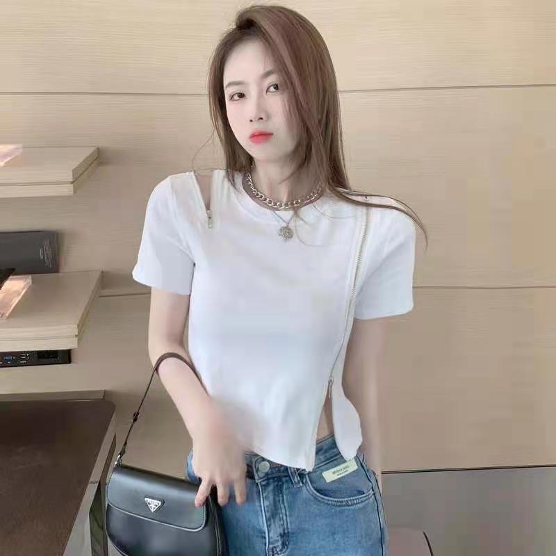 Áo thun ngắn dáng ôm phối khóa kéo phong cách Hàn Quốc cho nữ