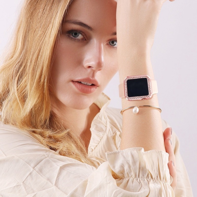 Ốp bảo vệ chống rơi nạm hai hàng đá giả thích hợp cho Apple Watch Series 6 SE 5 4 3 2 1 38mm 40mm 42mm 44mm