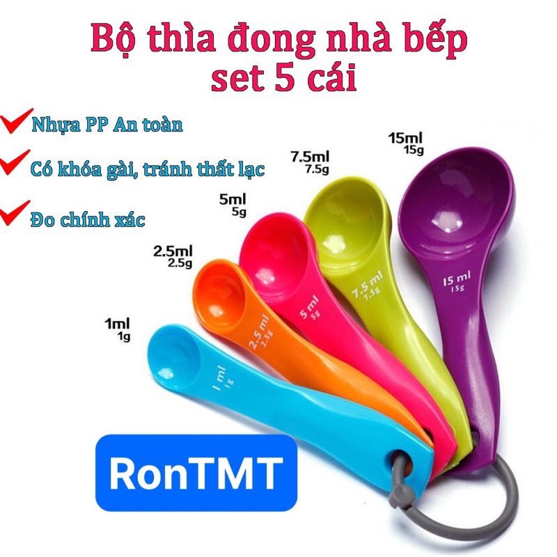Bộ thìa đong, muỗng đong nhà bếp 5 món, thìa đo lường, định lượng bột, sữa, gia vị bằng nhựa PP