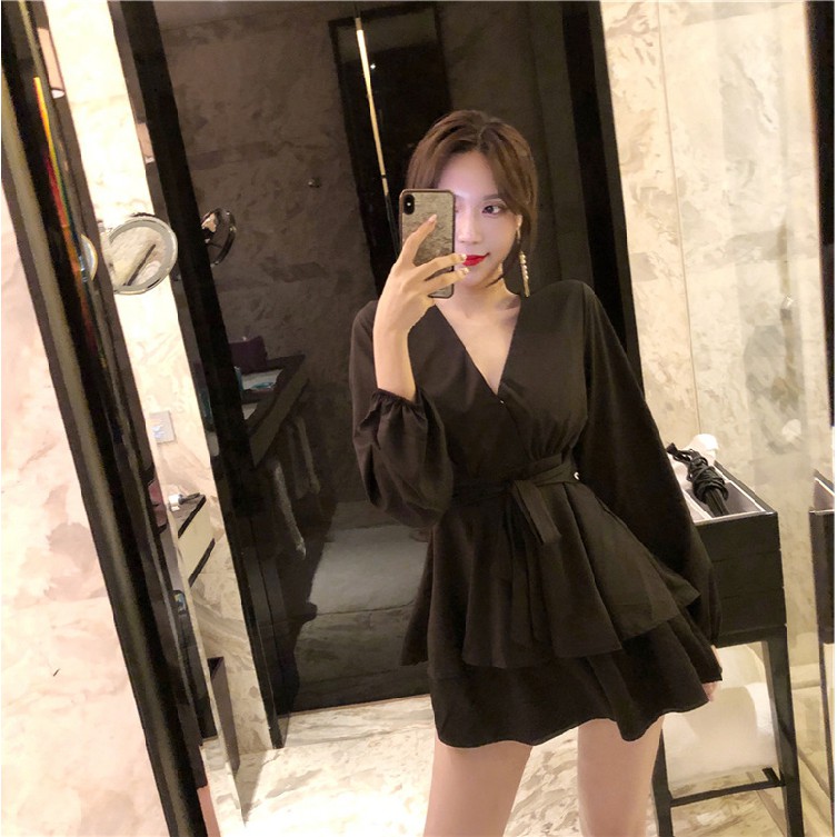 Xiaozhainv Đầm dáng chữ A tay dài cổ chữ V quyến rũ cho phái nữ | BigBuy360 - bigbuy360.vn