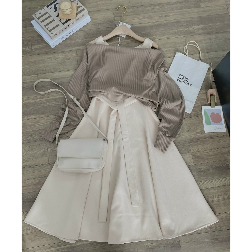 Sét váy nhung mix áo len nâu trễ vai  vải nhung mềm mịn kết hợp áo len siêu dễ thương