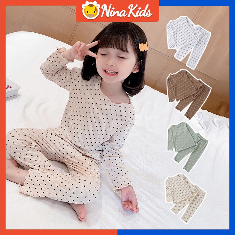 Bộ Đồ Ngủ  Cổ Bèo In Họa Tiết Chấm Bi Xinh Xắn Cho Bé Gái 0-8 Tuổi