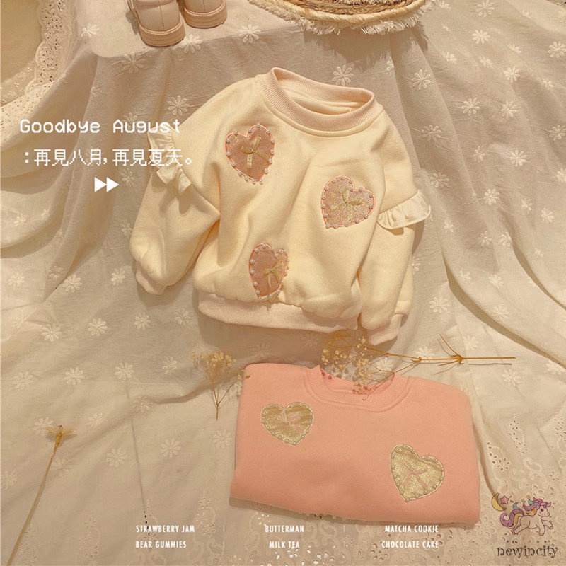 Áo sweater tay dài phối bèo đính ngọc trai giả thời trang Hàn Quốc đáng yêu cho bé gái