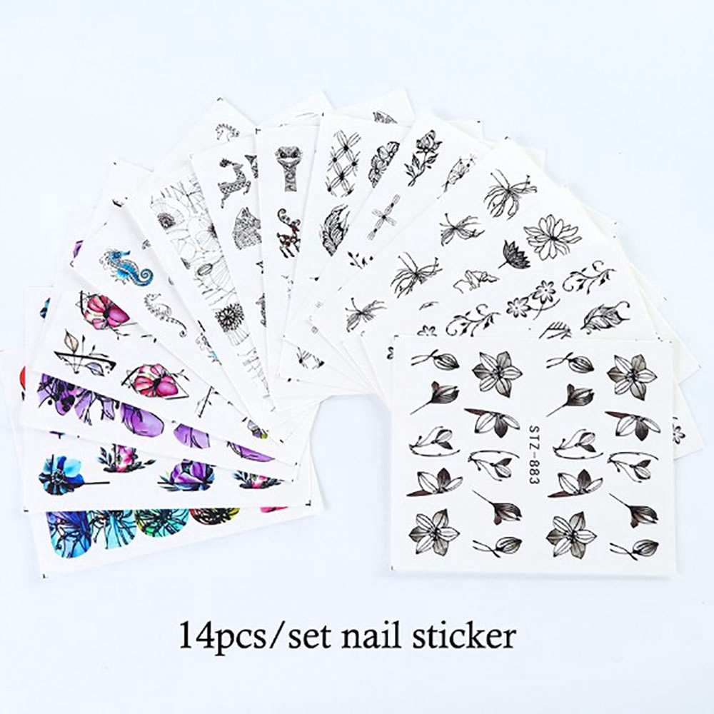 [Hàng mới về] Bộ 14 tấm hình dán họa tiết hoa bướm 3D đa dạng trang trí móng tay nghệ thuật