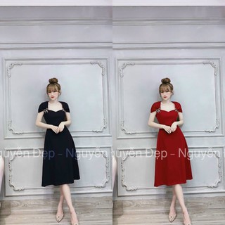Đầm midi nữ cổ vuông sang trọng - tay có đính phụ kiện nơ
