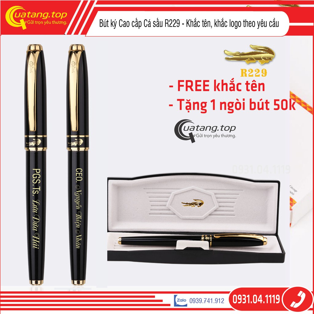 Bút ký cao cấp Cá sấu Cocrodeli TopGift R229 viền vàng, Ngòi 0.5mm mực xanh Quà tặng sếp, sinh nhật bạn bè