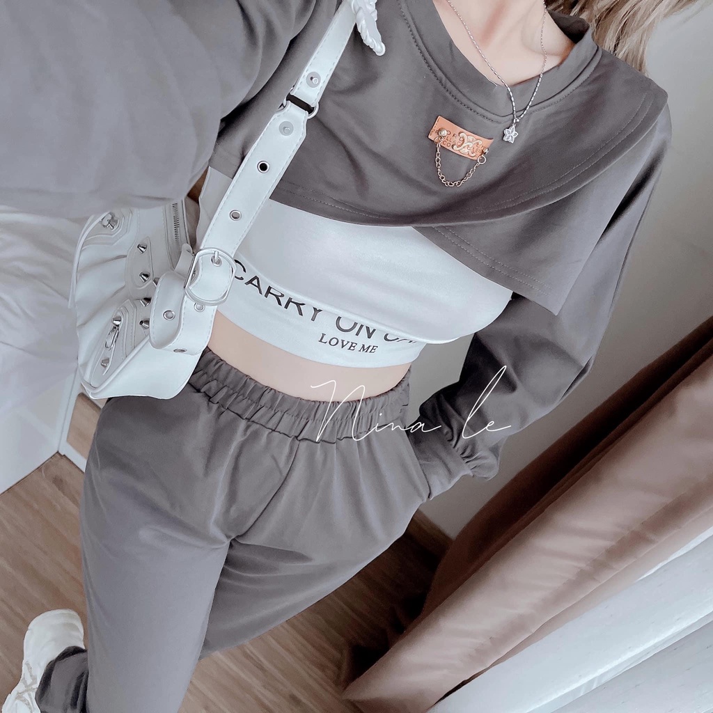 Set bộ đồ thể thao nữ 3 món áo croptop mix áo bra phối quần ống đứng dành cho các nàng thích trẻ trung, năng động