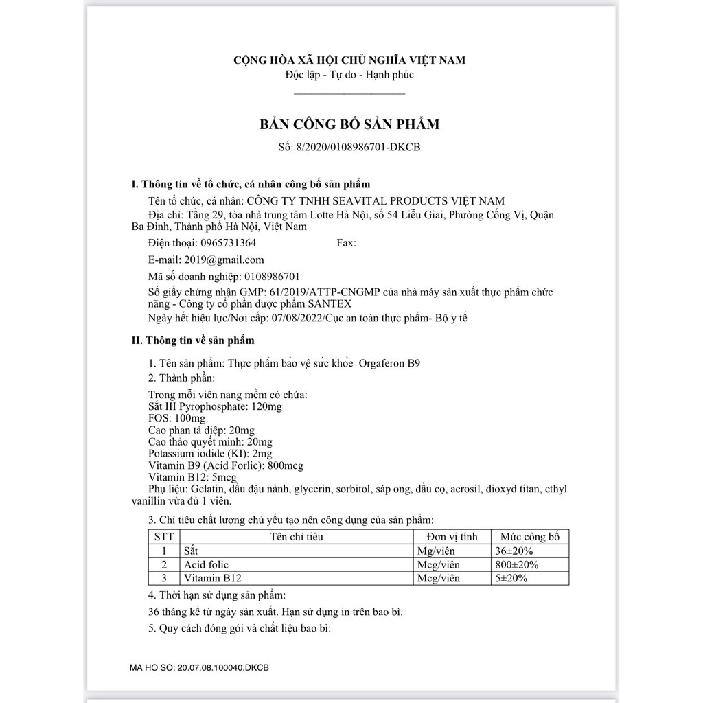 Viên uống bổ sung sắt và Acid folic ORGAFERON B9 _ bổ máu, ngăn ngừa thiếu máu. Hộp 36 viên