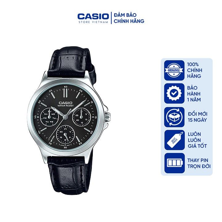 Đồng hồ Nữ Casio LTP-V300L-1AVDF, đồng hồ chính hãng, dây DA đen mặt đen, 6 kim