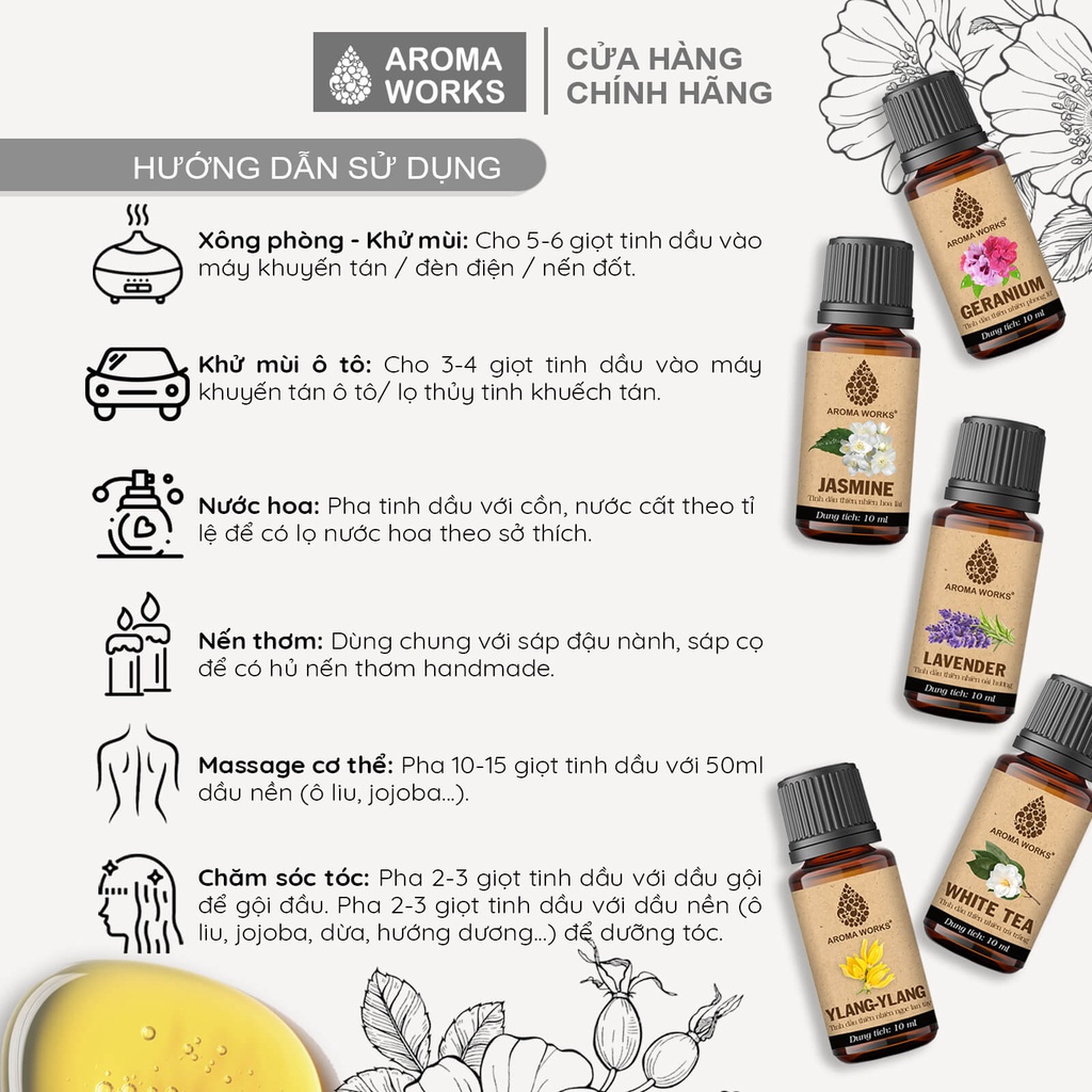 Tinh dầu thơm phòng Aroma Works hoa Oải Hương - Hoa Lài - Phong Lữ - Trà Trắng - Ylang làm nến thơm