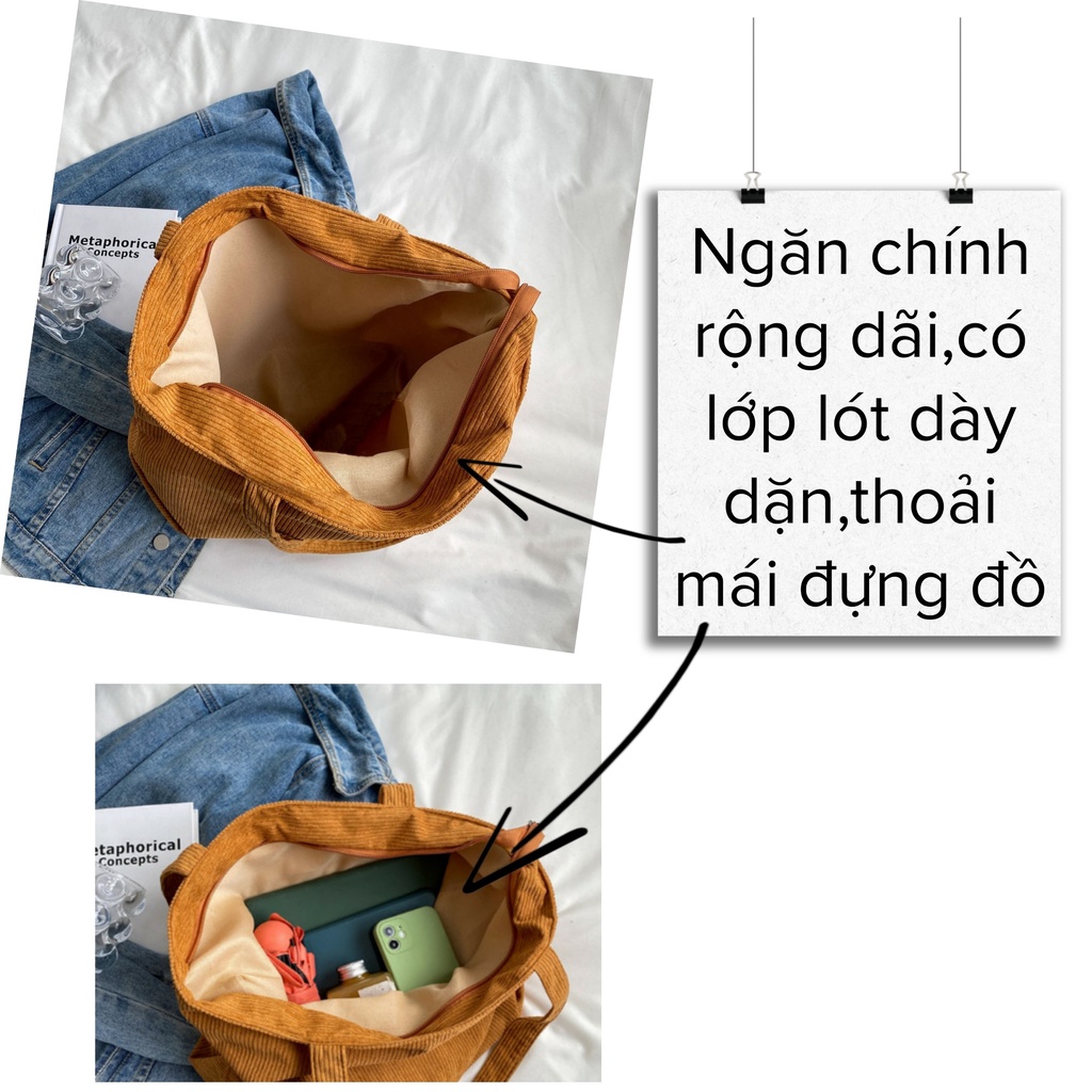 Túi tote đeo vai nhung tăm có khóa miệng, túi nhiều màu sắc, phong cách Hàn Quốc - Hazis Store