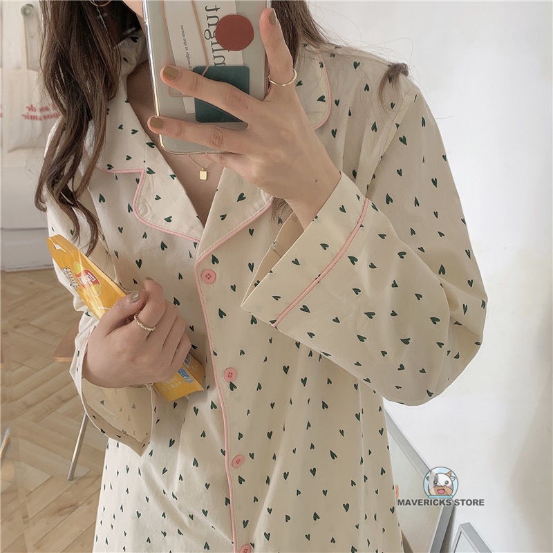 Bộ đồ ngủ dài tay in hình trái tim kiểu mới thời trang mùa thu dành cho nữ